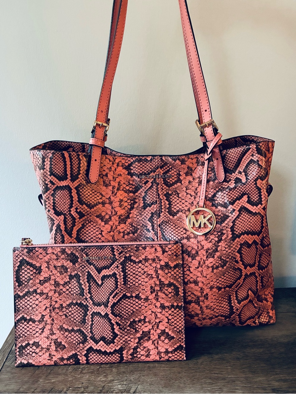 Michael Kors Snakeskin Leather Tote And Wristlet